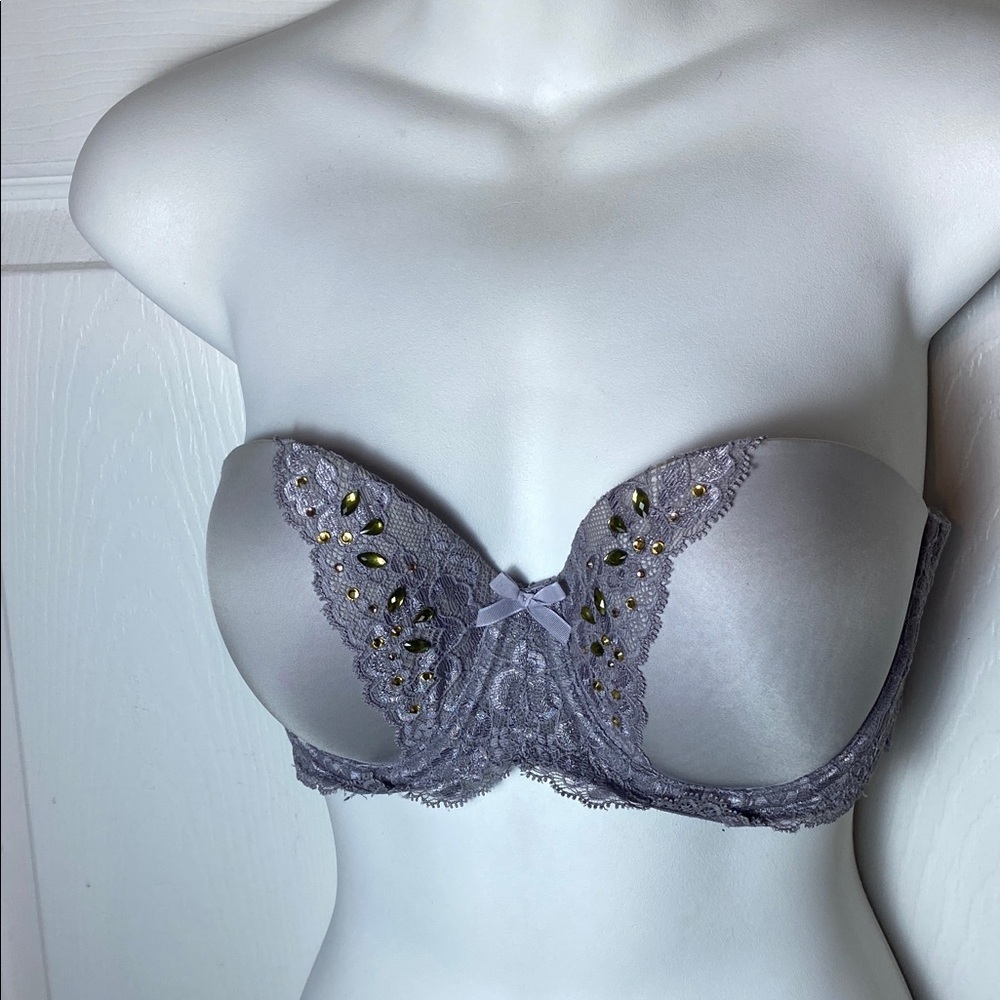 Victoria Secret Push Up Bra 34 Underwire Rhinestone Detail Lace Padded Cup